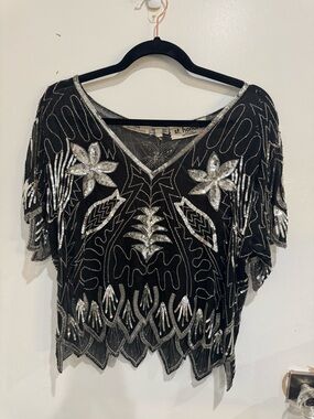 Black Embellished V-Neck Evening Blouse